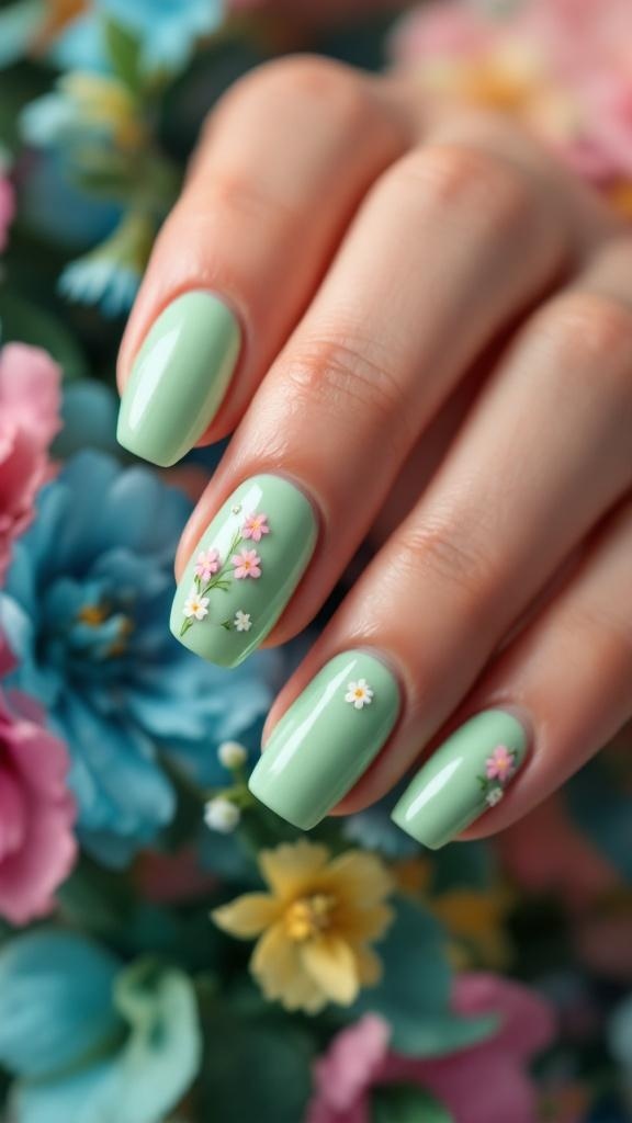 A hand with light green nails featuring a floral accent, surrounded by pink roses.