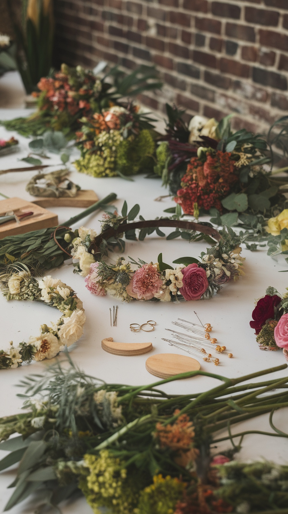 A table filled with floral crowns, flowers, and crafting tools for a floral crown workshop.