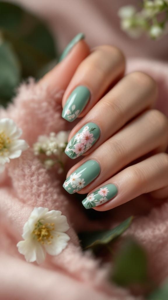 A hand with green chrome nails featuring floral designs, surrounded by delicate flowers.