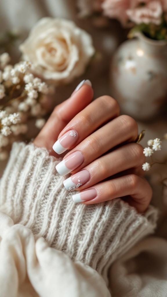 A close-up of a hand with French tip nails adorned with floral embellishments, resting on a soft, knitted sweater, surrounded by flowers.