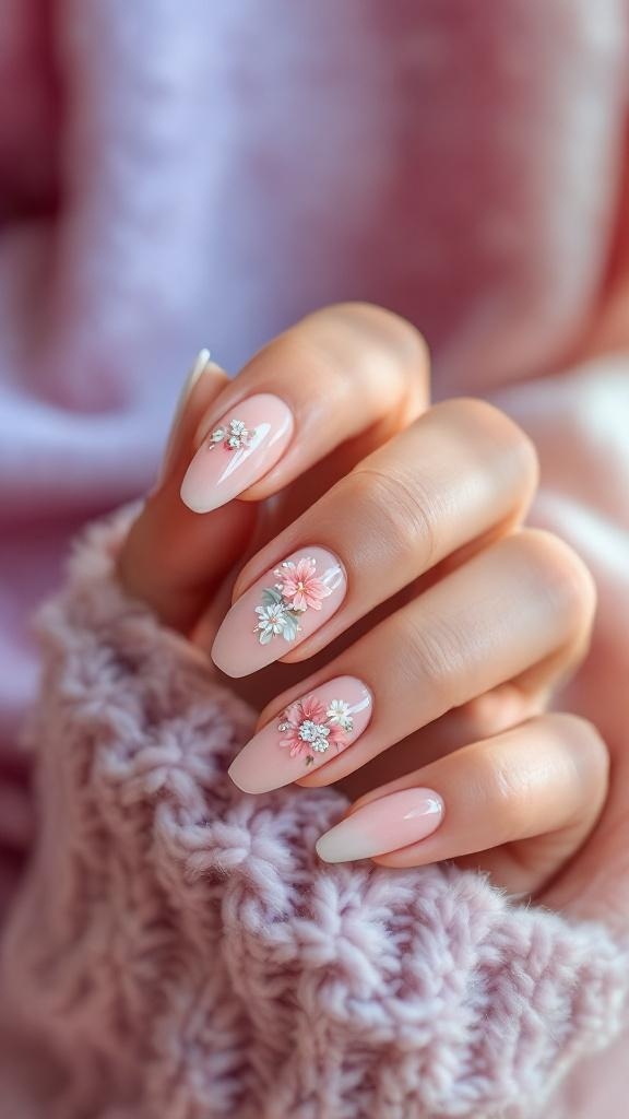 Nails with floral designs and rhinestones on a soft pink background