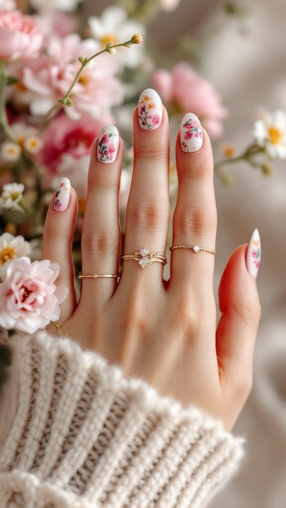 A hand with floral nail patterns surrounded by flowers