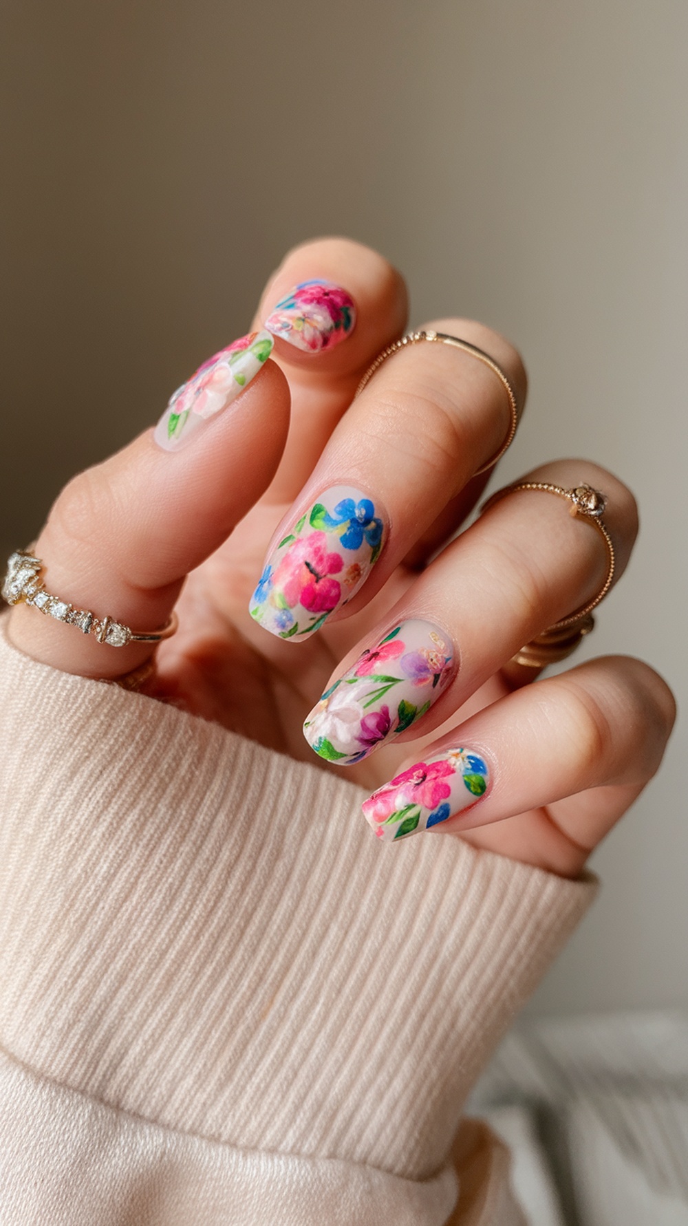 A close-up of hands with floral nail wraps featuring colorful flower designs on each nail.