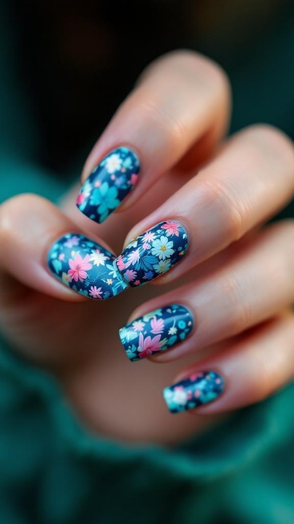 Colorful floral nail art on a hand wearing a gold ring, set against a cozy knitted background.