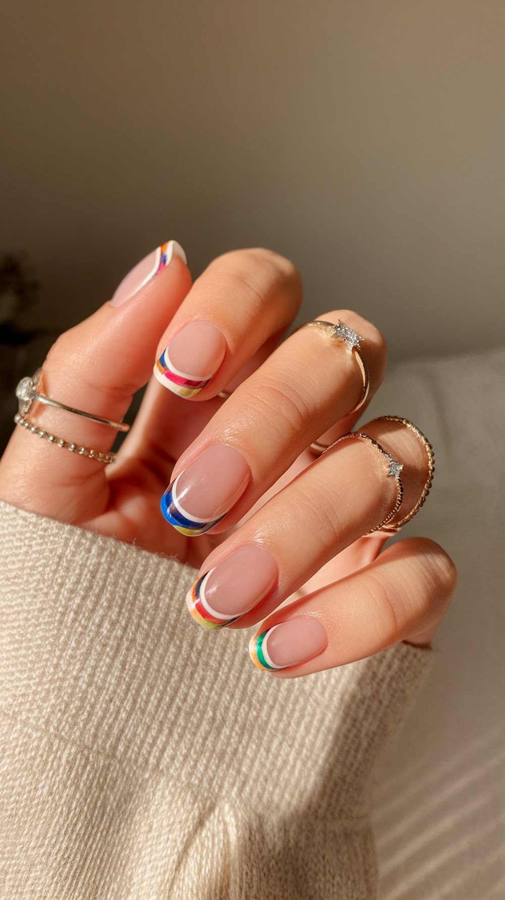 Colorful French tip nails with rings on fingers