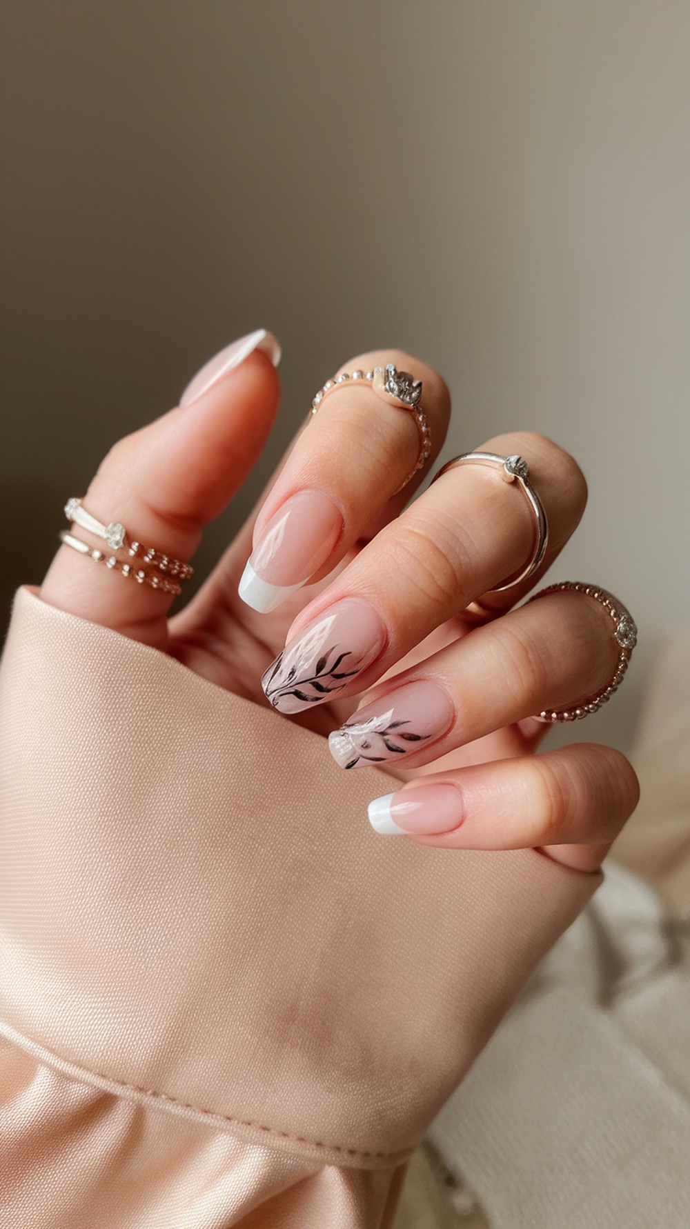 A hand with milky pink nails featuring a French tip and leaf design, adorned with silver rings.
