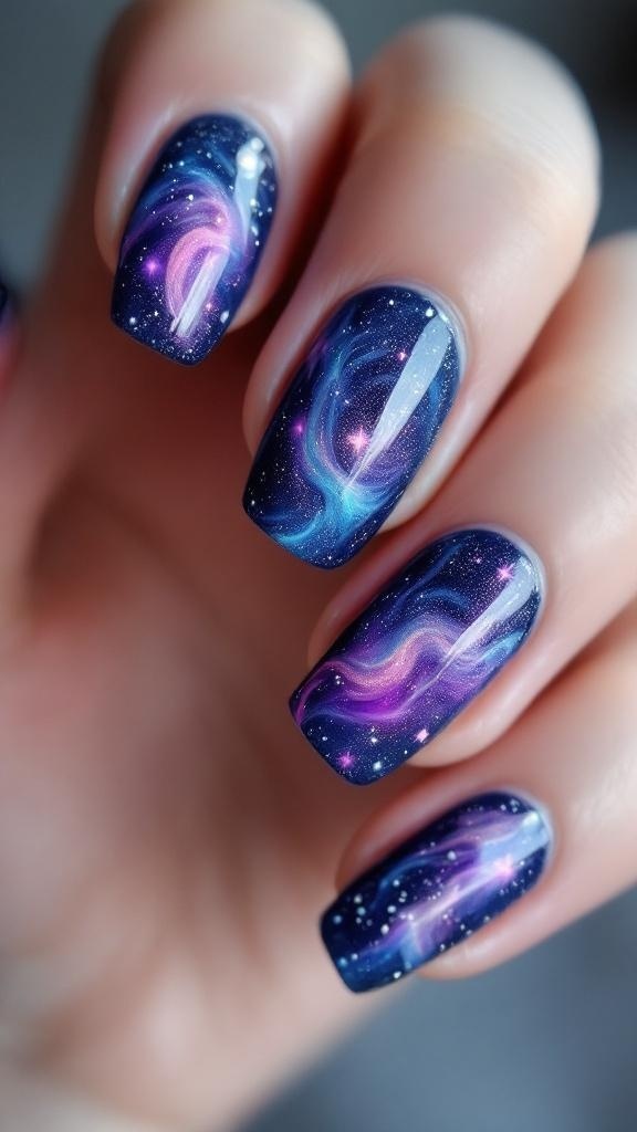 Close-up of hands with galaxy swirl nail designs featuring deep blues and purples.