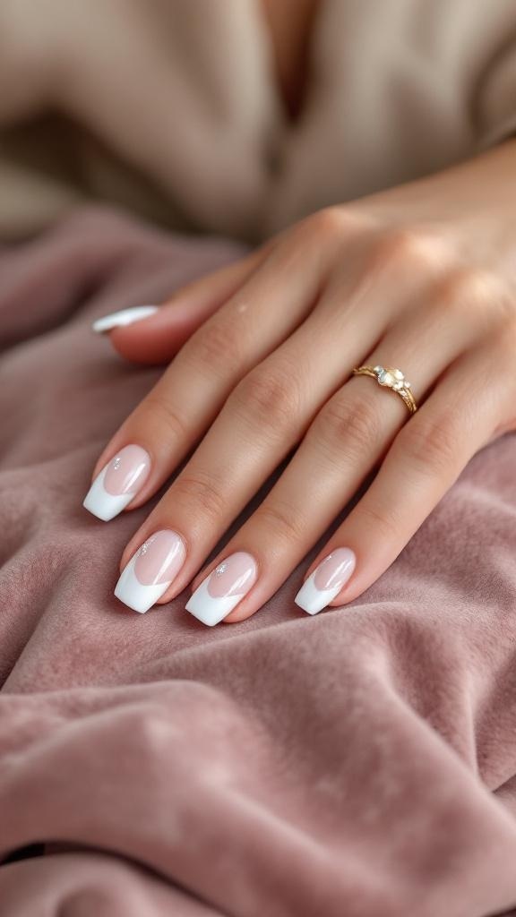 A close-up of a hand with French tip nails featuring gemstone accents, resting on a soft pink fabric.