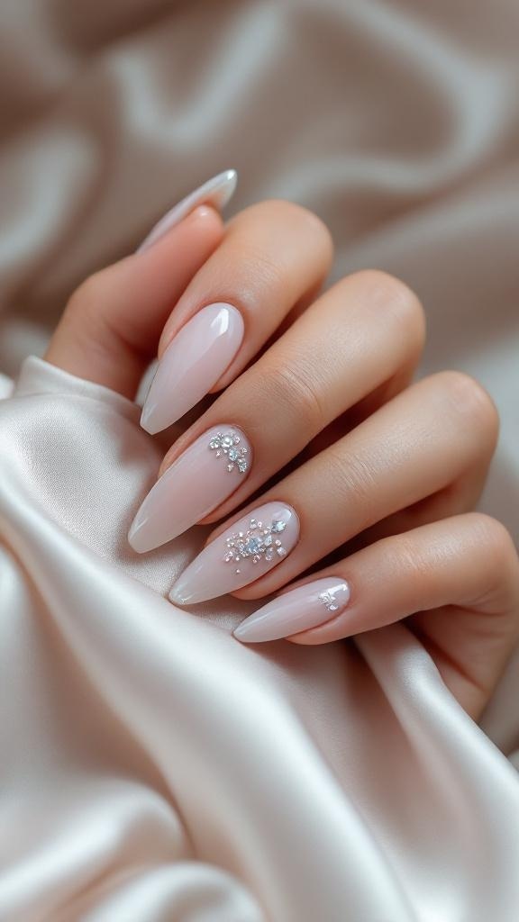 A hand with elegantly manicured gel nails featuring gemstone embellishments on a soft nude base.