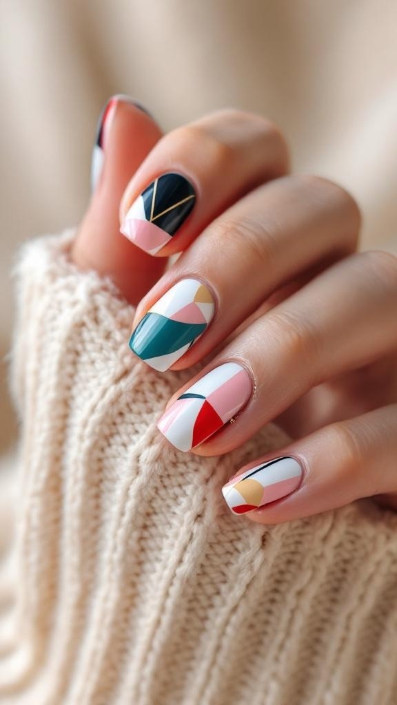 A hand with geometric nail art featuring colorful shapes and patterns.