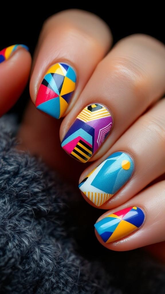 Short nails with geometric patterns in various colors on a black background