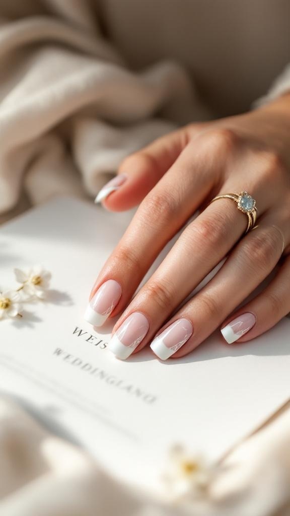 A hand with a French manicure featuring geometric patterns, adorned with a ring, resting on a wedding-related item.