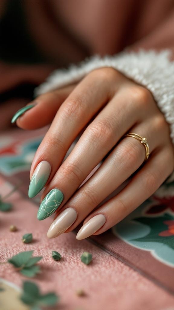 A hand with green chrome nails featuring geometric patterns and a neutral background.