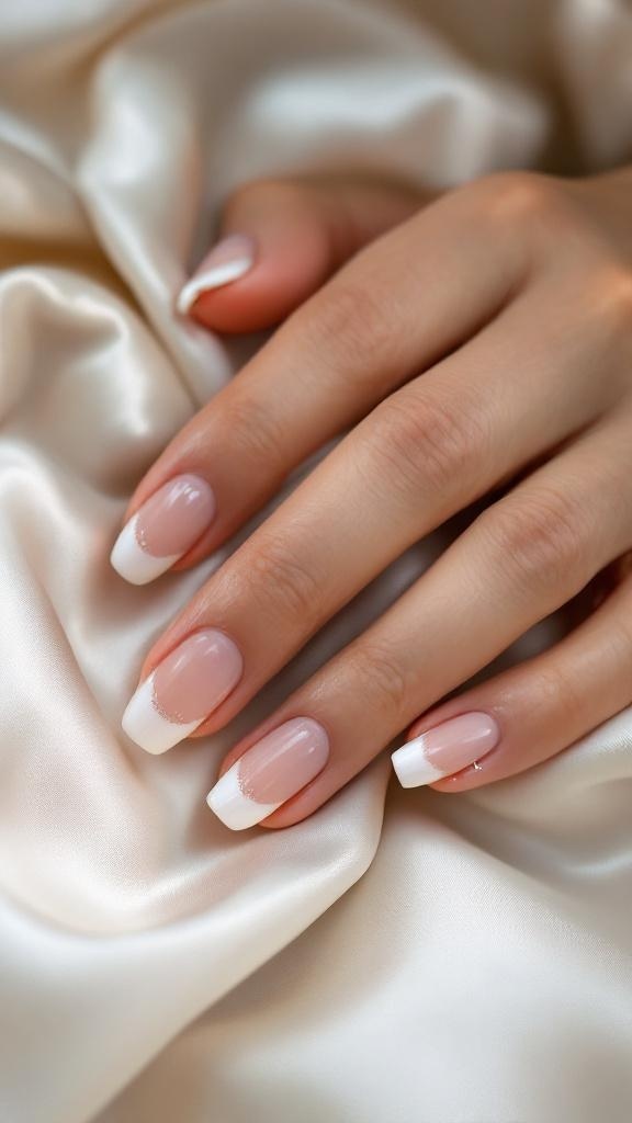 Close-up of bridal nails featuring French tips with glitter accents on a satin background.