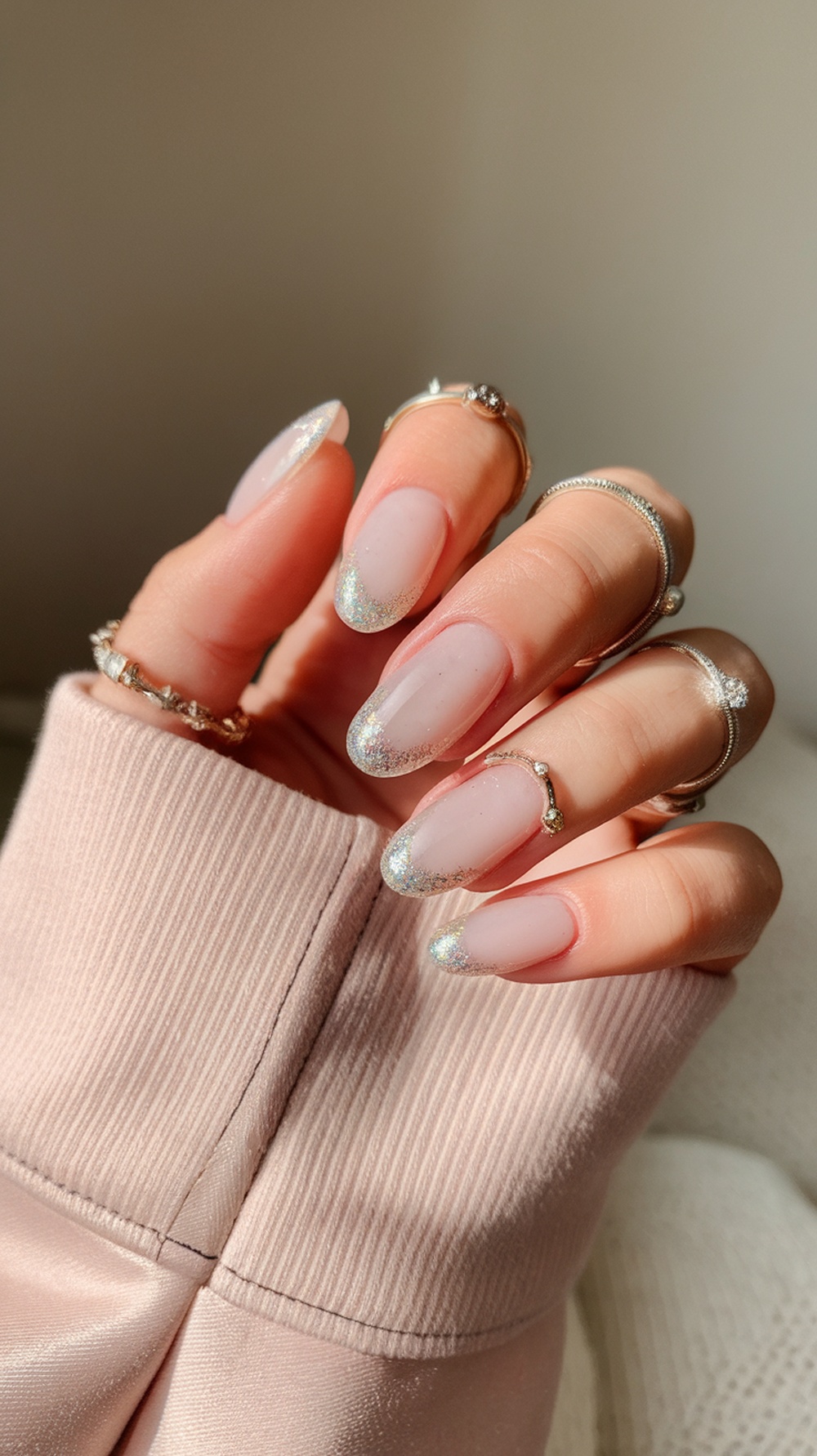 Close-up of hands with milky pink nails featuring glitter accents, adorned with silver rings.
