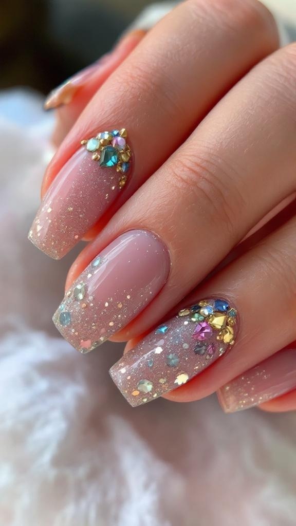 Close-up of short nails with glitter and gems on a cozy knit background