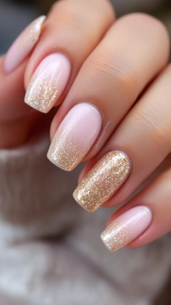 A close-up of short acrylic nails featuring a glitter ombre effect, transitioning from soft pink to shimmering gold.