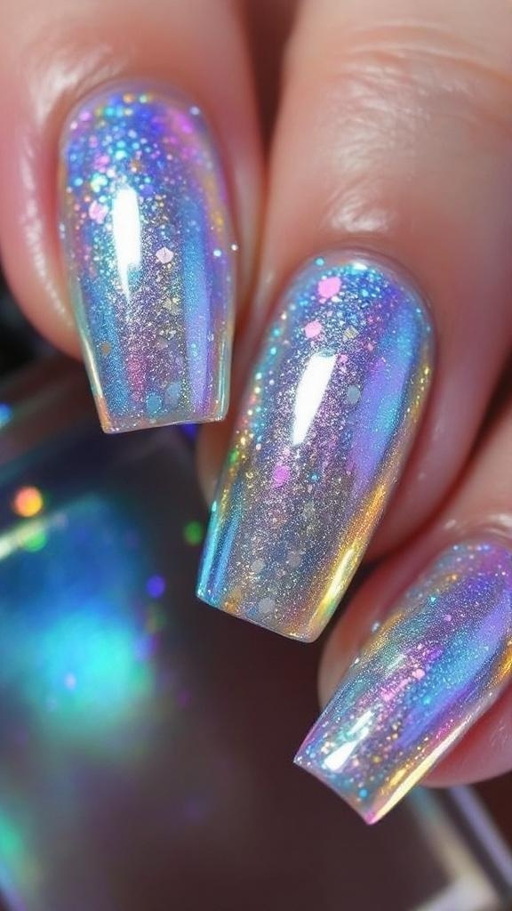 Nails designed with a pastel gradient and glitter, resembling fairy wings, against a soft knitted sweater.