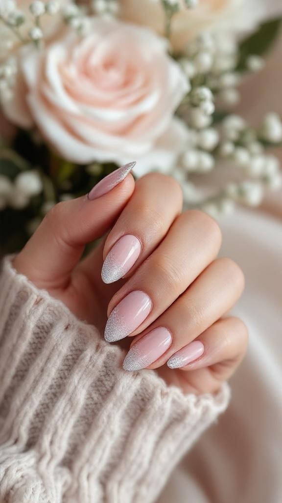 A hand with elegantly shaped nails featuring a glittering ombre effect, set against a soft background of roses and greenery.