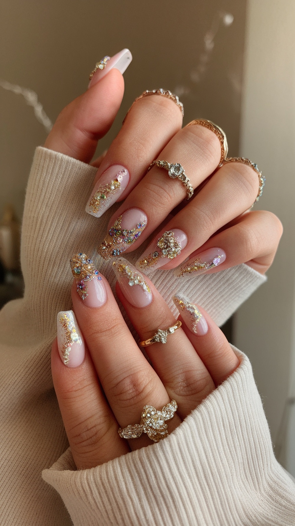 Elegant nails with glitter and gems, styled with gold rings