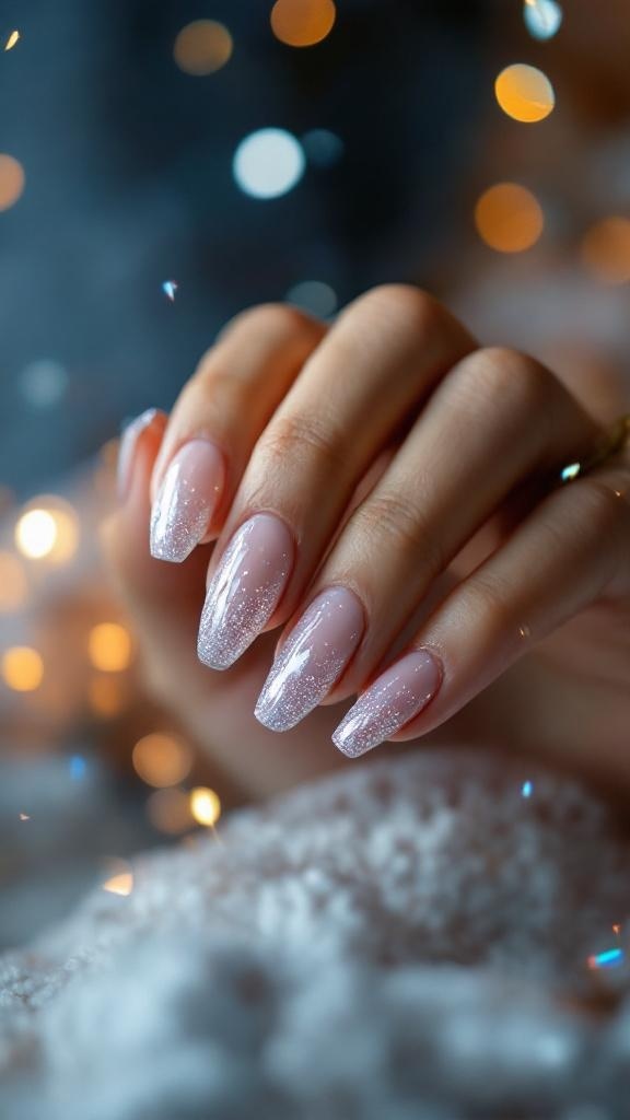 Close-up of a hand with glittery pink and silver gradient nails against a soft bokeh background.