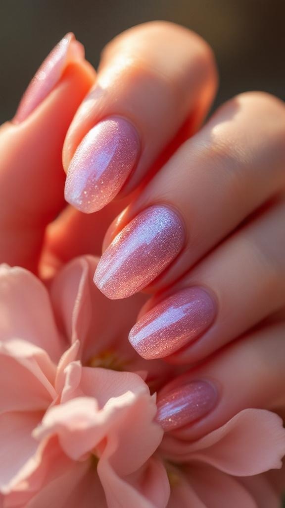 A hand showing glittery pink cat eye nails with black designs