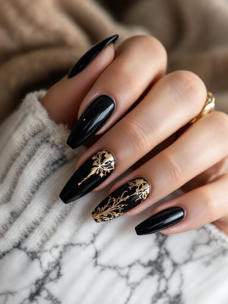A close-up of hands with glossy black nails featuring gold accents, showcasing a stylish nail design.