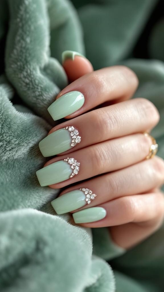 A close-up of glossy light green nails adorned with rhinestones, resting on a soft green fabric.