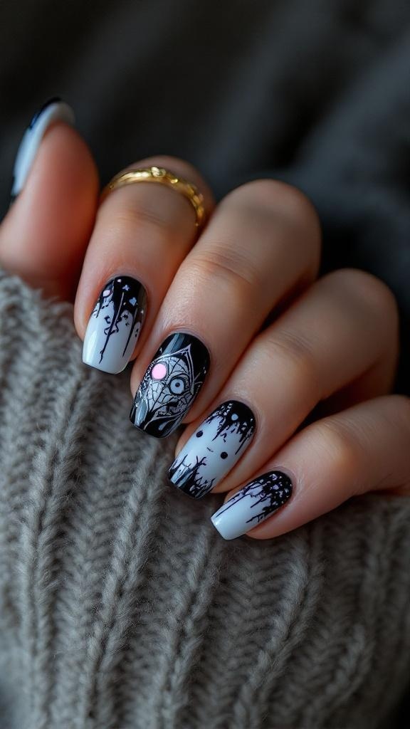 Close-up of Coraline-inspired nails with glow-in-the-dark elements