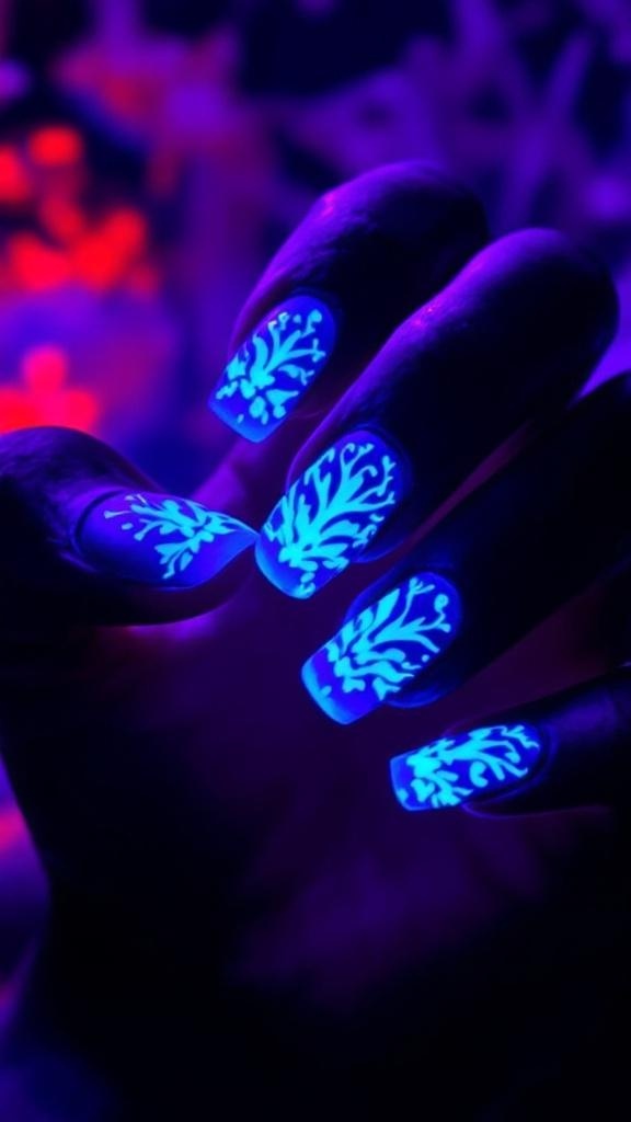 Close-up of glow-in-the-dark nail designs with intricate patterns and soft colors.