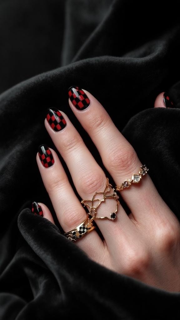 Close-up of gothic black and red checkered nails with gold rings on a dark background.