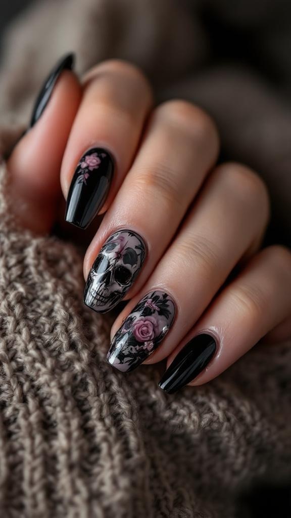 A close-up of beautifully manicured nails featuring black polish with skull and rose designs.