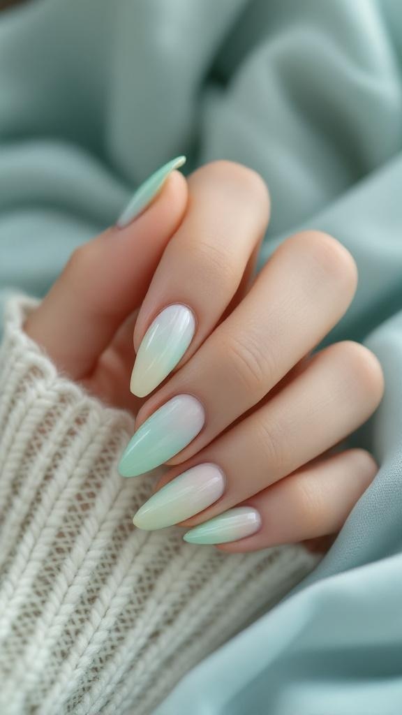 A hand with gradient light green to blue nails resting on a soft fabric.