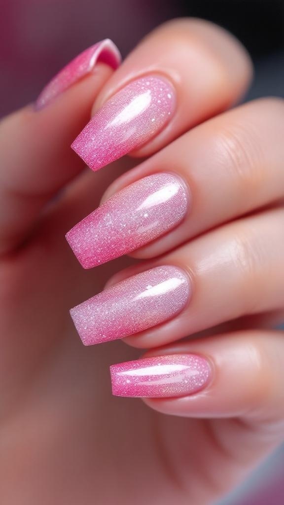 Close-up of hands with gradient pink glitter nails, wearing silver and gold rings, and cozying up in a knitted sweater.