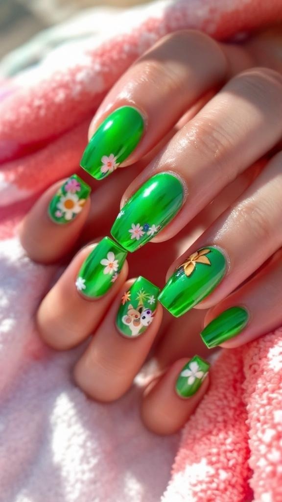 A hand with green chrome nails featuring a floral design, resting on a soft, mint-colored towel.