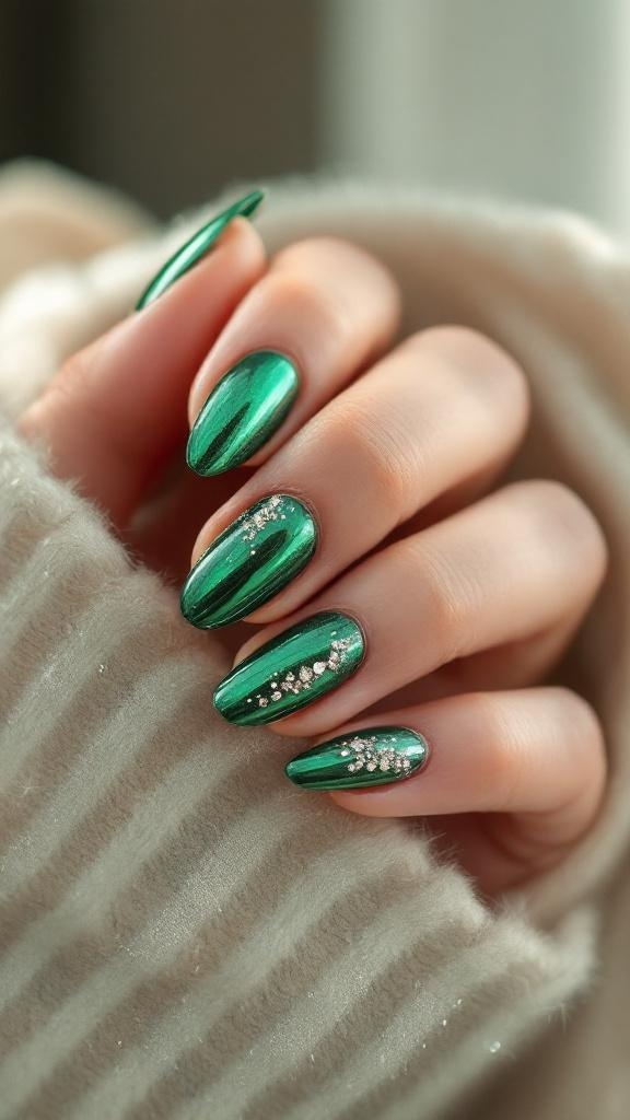 A hand with green chrome nails featuring glitter accents, resting on a soft, striped fabric.