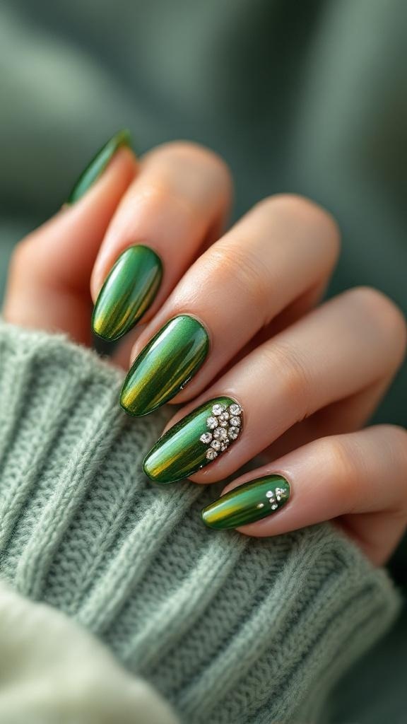 Close-up of hands with green chrome nails adorned with rhinestones, resting on a soft green sweater.