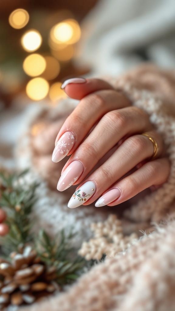 A close-up of holiday-themed nails featuring a soft pink base with white snowflakes and floral designs.