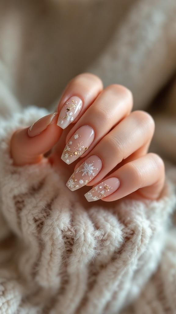 Cute short acrylic nails with snowflake designs on a soft nude background