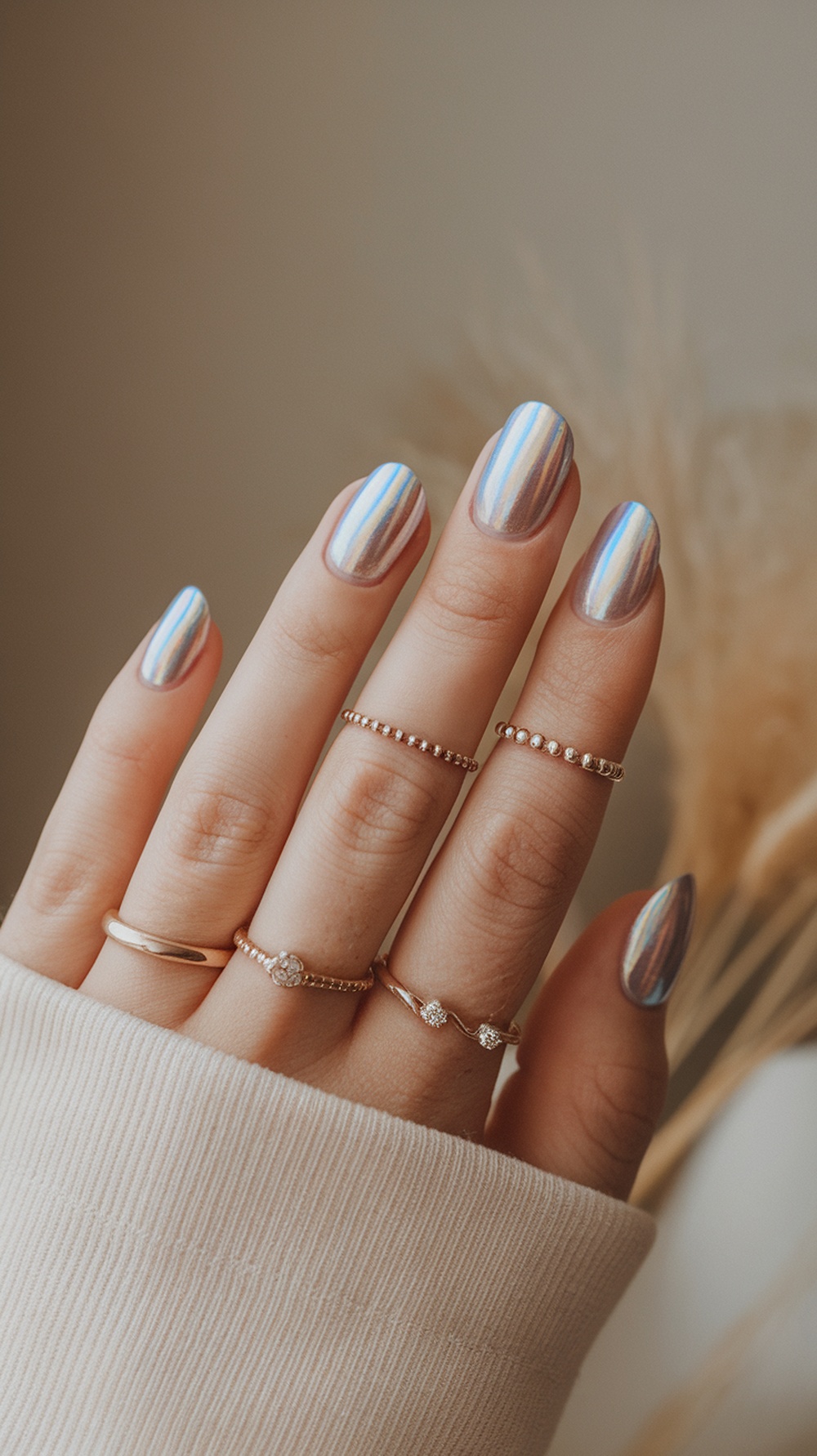 A hand with holographic nails and gold rings, showcasing a shiny rainbow effect.
