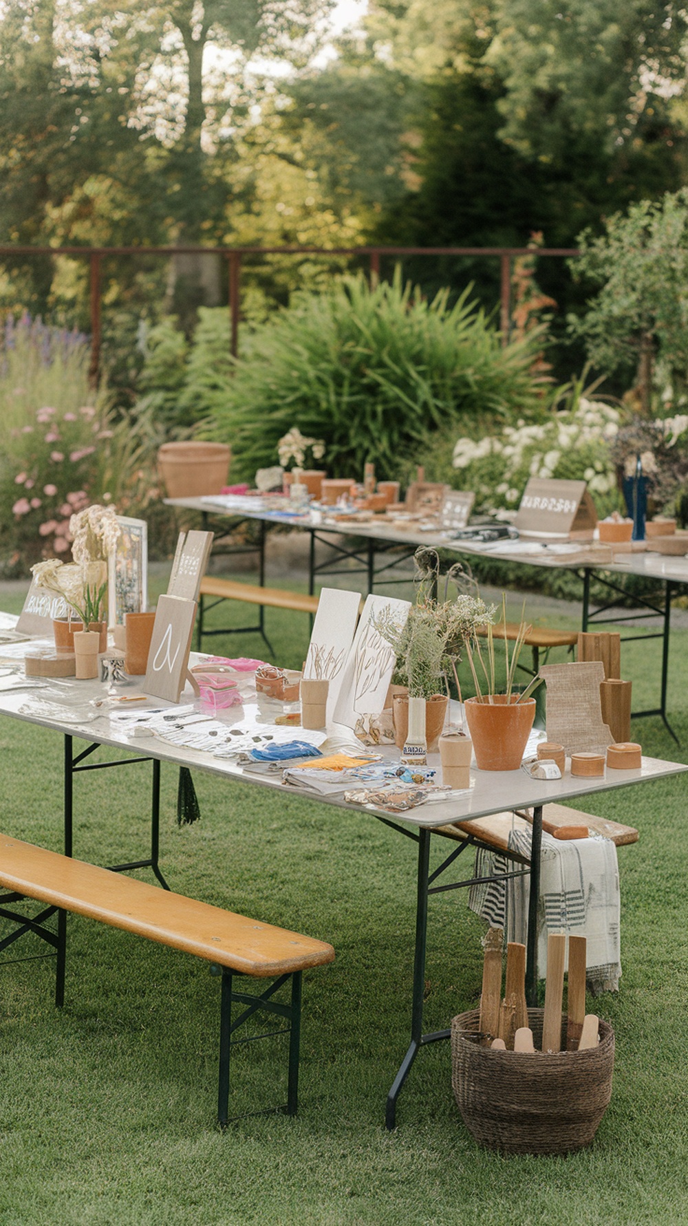 Craft stations set up in a garden with tables displaying various art supplies and materials.