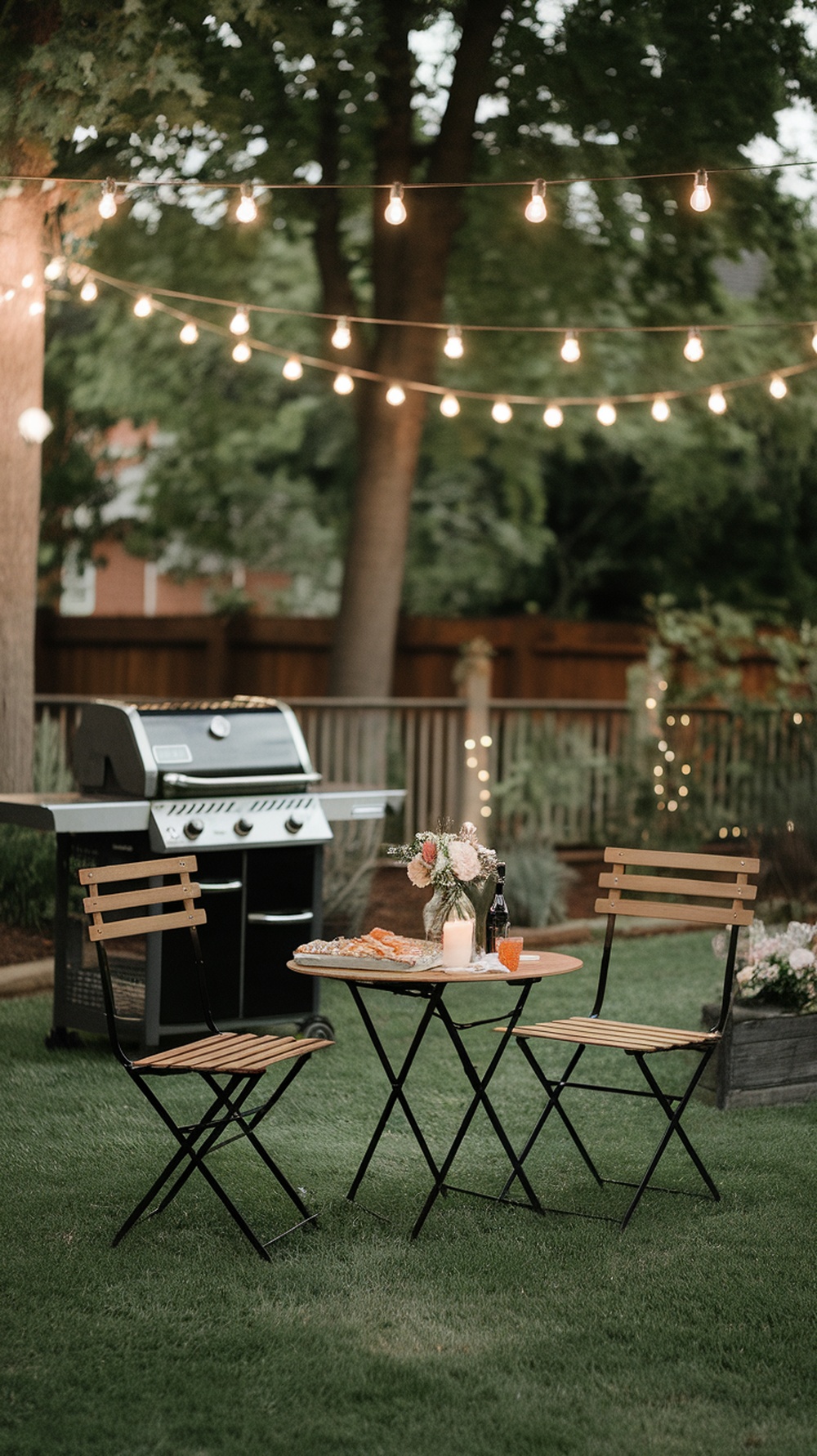 A cozy backyard barbecue setup with string lights, a grill, and a table for two.