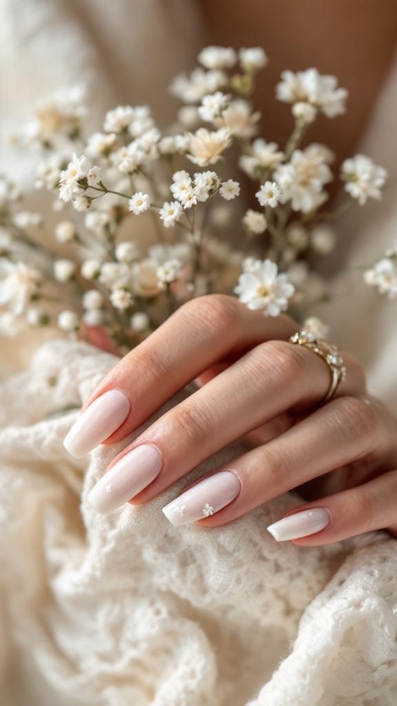 Ivory wedding nails with floral embellishments, held against a backdrop of delicate flowers.