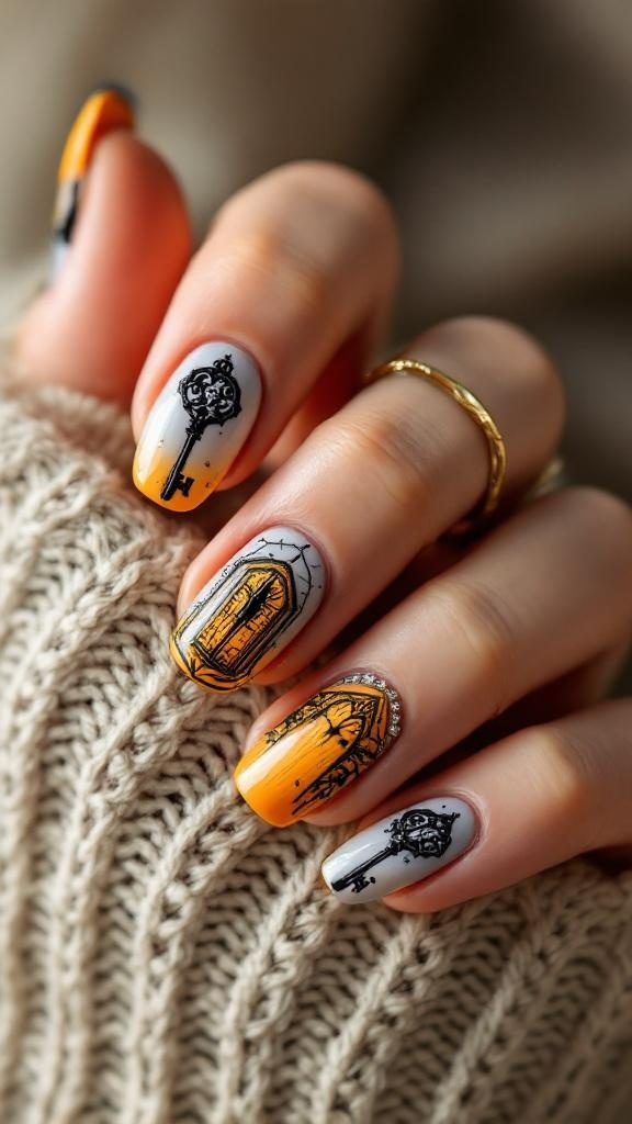 Nail design featuring key and door motifs inspired by Coraline.
