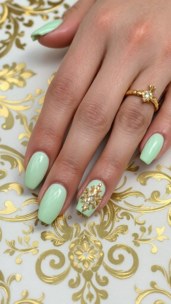 A hand with light green and nude nails featuring gold tips, resting on a knitted sweater.