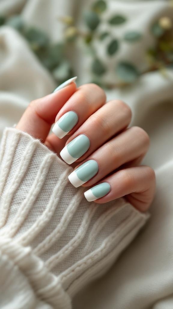 A hand with light green French tip nails resting on a cozy sweater.