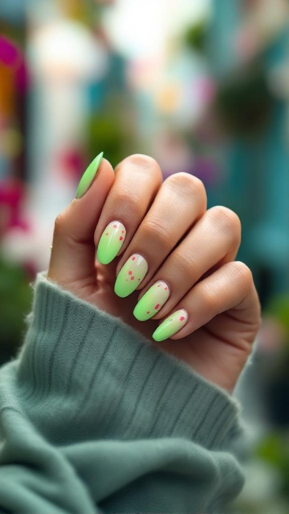 A hand with light green nails featuring neon pink splashes, resting on a soft green sweater.