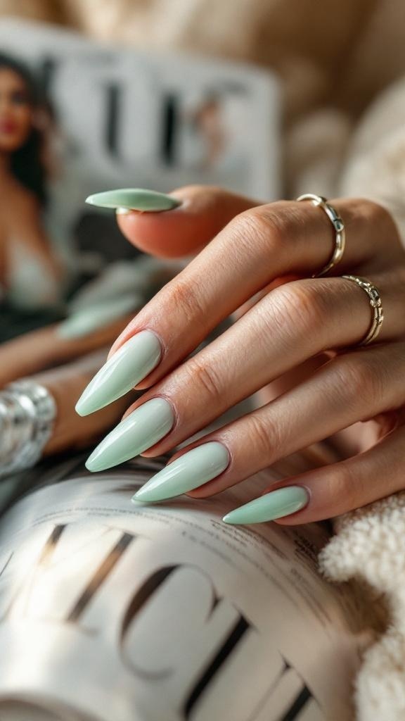 Close-up of long green chrome stiletto nails on a hand, holding a magazine.