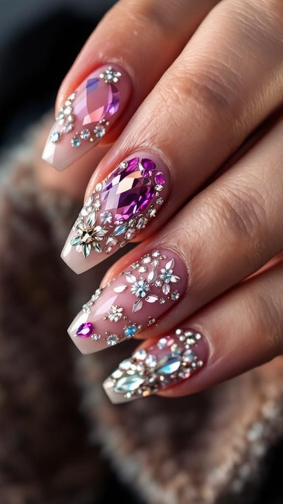 A hand with elegantly designed nails featuring jewel embellishments on a soft nude base.