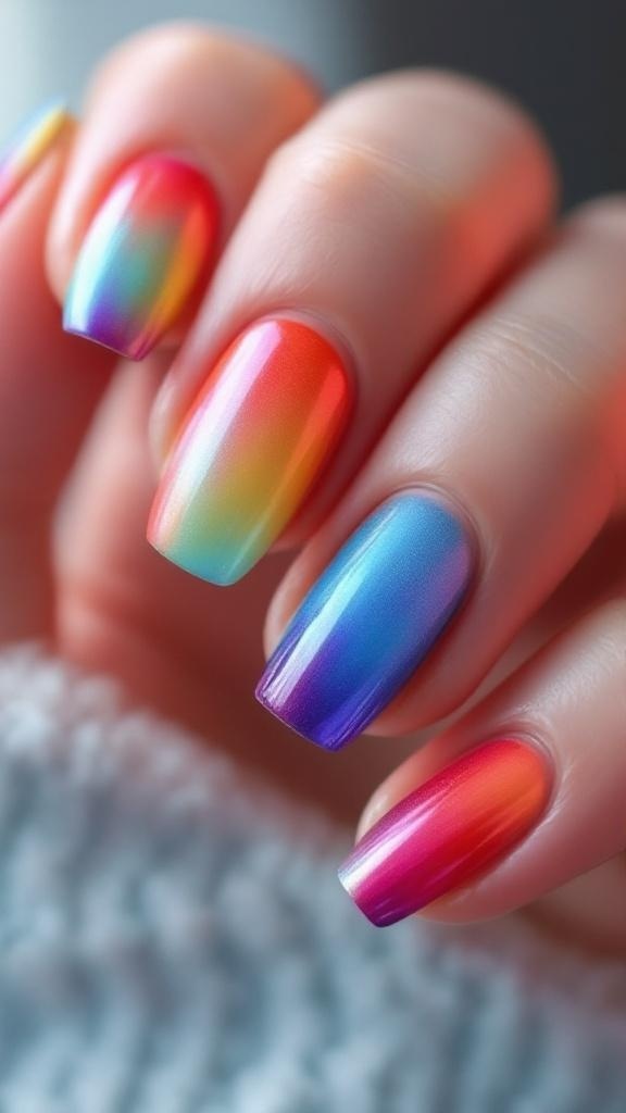 Close-up of hands with color-changing nail polish in shades of purple, featuring gems and rings.